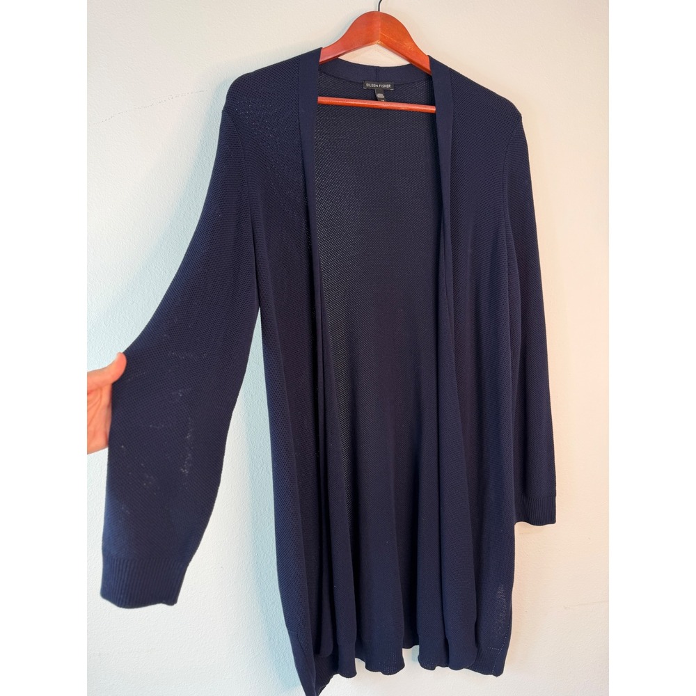Eileen Fisher Navy Blue Knit Cardigan Open Front‎ Duster Minimalist Career Large - Picture 4 of 10